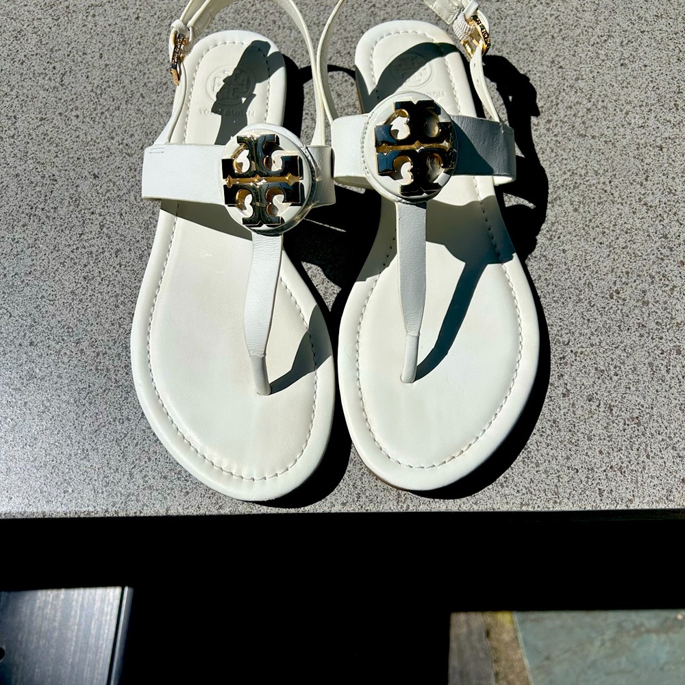 Tory Burch White Leather Sandals with Gold Accents